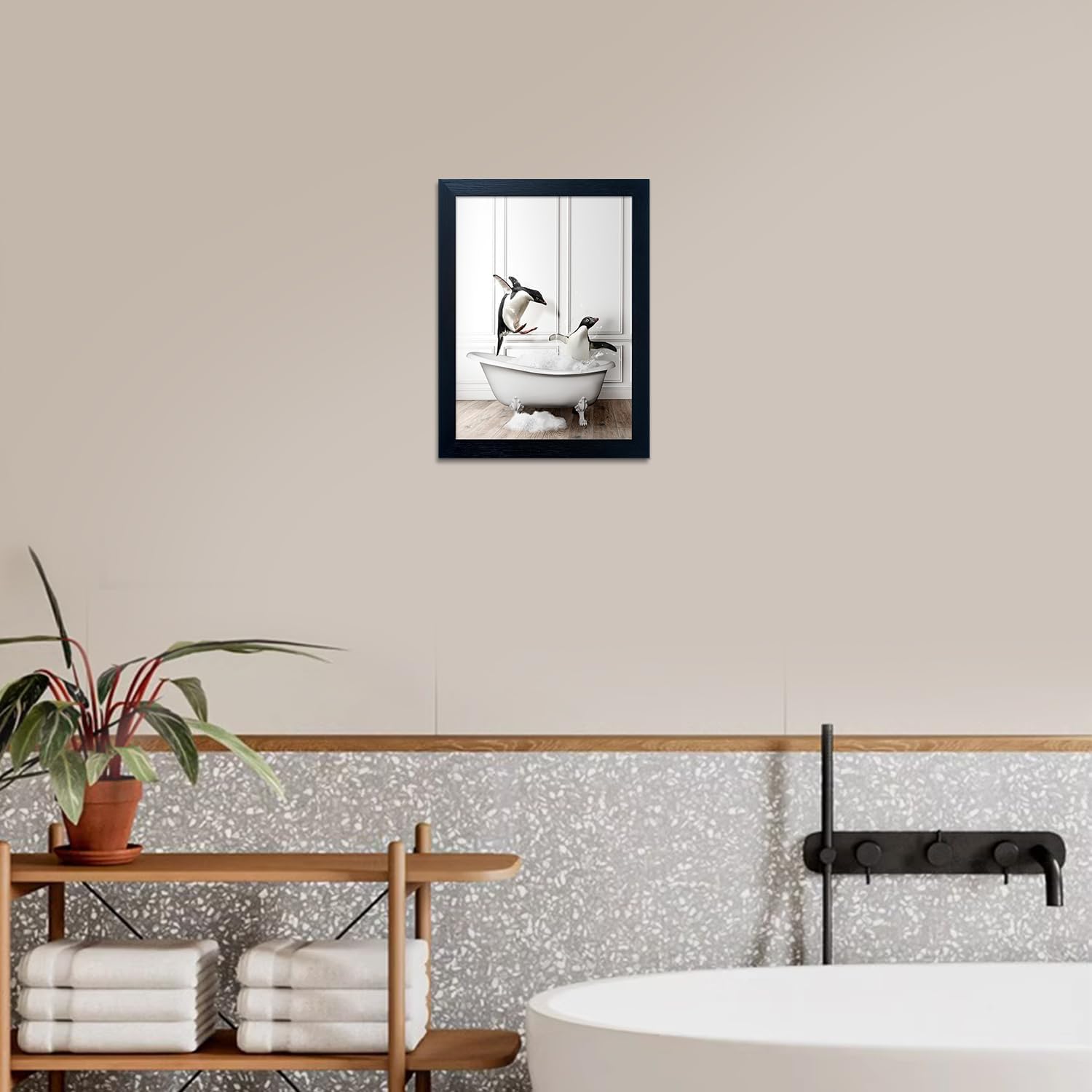 Skiennix Kids Bathroom Wall Art - Cute Penguins in Bathtub Canvas Print | Black & White Decor