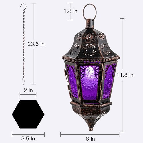 Needomo Moroccan Lantern - 13.5'' Vintage Metal Candle Holder with 14.8'' Chain | Indoor/Outdoor Decor (Purple)