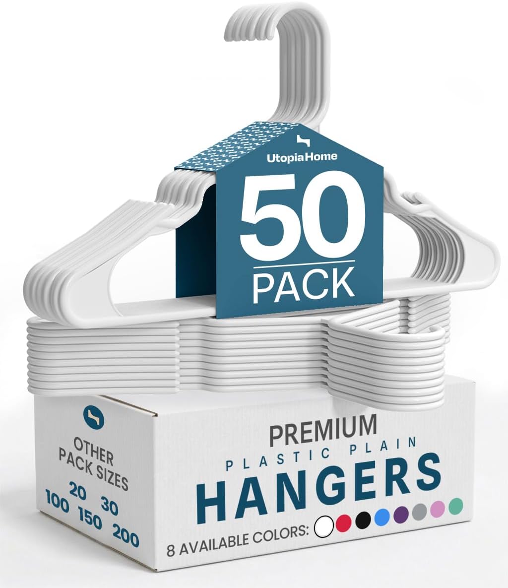 Utopia Home - Plastic Hangers 50 Pack - Durable Space-Saving Closet Organizers | Essential for Apartments & Dorms (White)