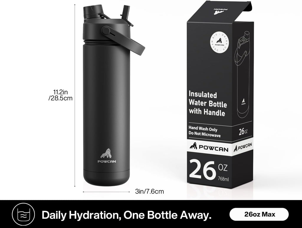 Skiennix 26 oz Insulated Water Bottle - Leakproof Design with Silicone Boot & Straw Lid | Perfect for Sports & Travel (Black)