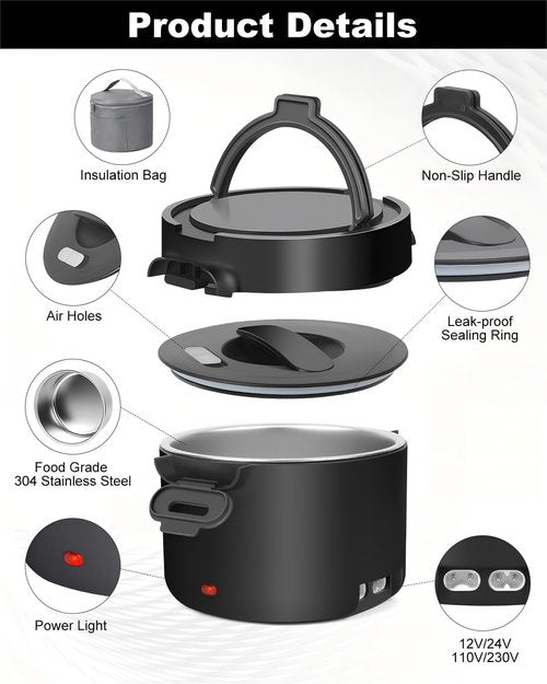 WVJ Electric Lunch Box for Men, 1L/34oz 100W Portable Food Warmer Leak-proof Food Heater for Adults 12V/24V/110V for Car/Truck/Office/On-the-Go Travel Black