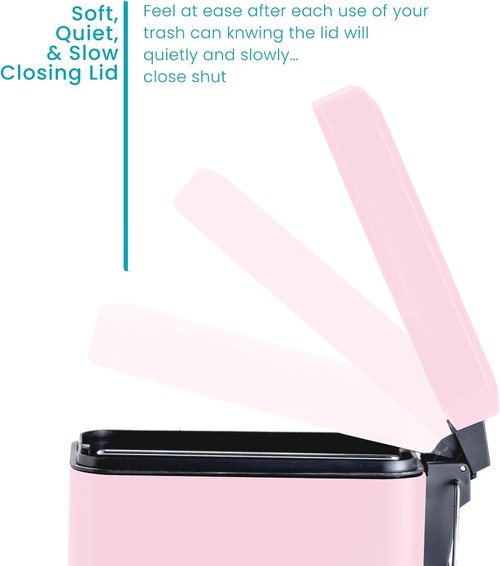 Home Zone Living 1.3 Gallon Bathroom Trash Can - Stainless Steel Wastebasket with Lid & Step Pedal | Matte Pink, Slim Design