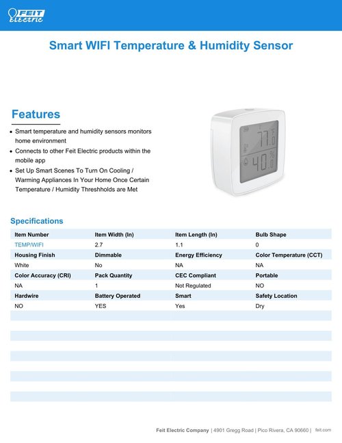 Feit Electric Smart Indoor WiFi Temperature and Humidity Sensor for Precision Environment Control, Wireless, Digital Remote App Control, Get Notification Alerts and No Hub Required - Temp/WiFi
