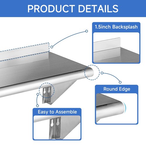 ROCKPOINT Stainless Steel Shelf 12 x 30 Inches 280lb, 2 Pack NSF Metal Commercial Shelves Wall Mount Floating Shelving with Backsplash for Restaurant, Kitchen, Home and Hotel, Silver