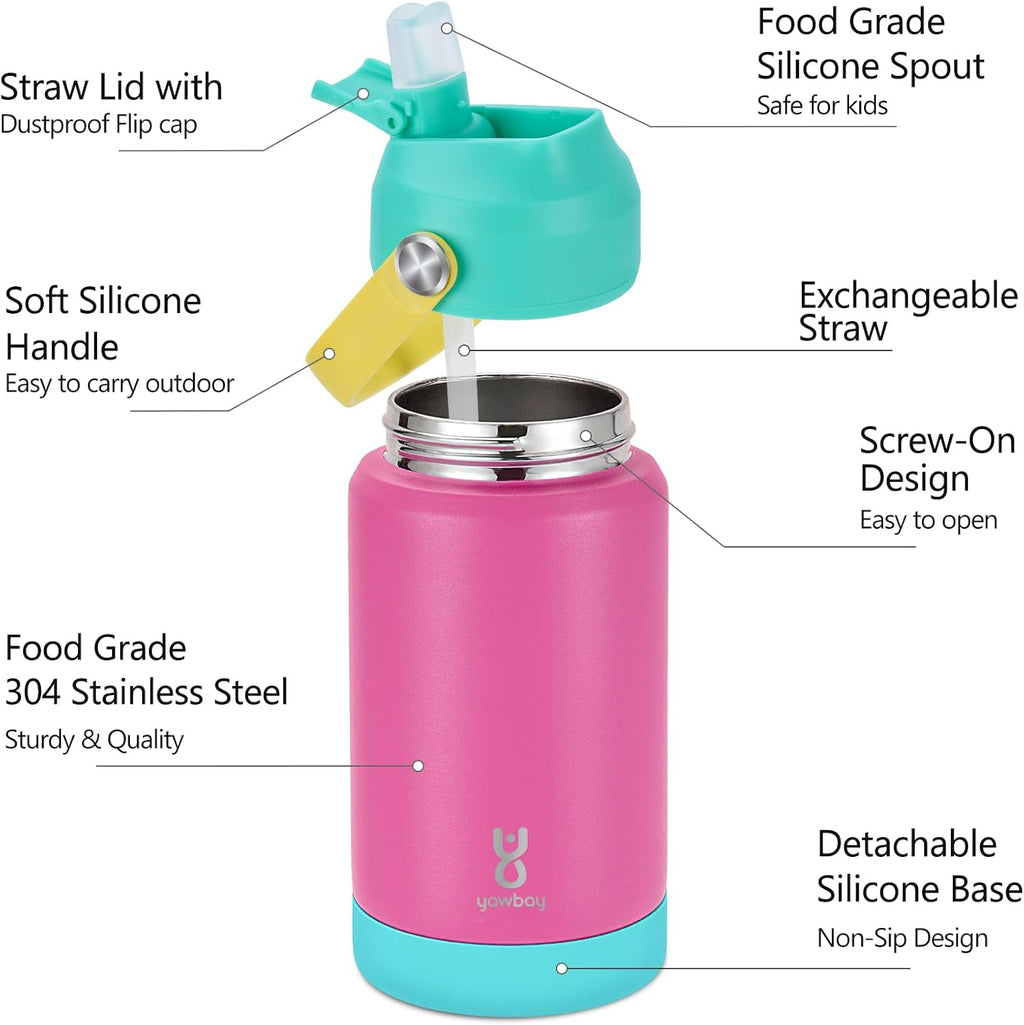 Skiennix Kids Insulated Water Bottle - 12oz Leak-Proof Design with Straw Lid & Silicone Handle | Rose Pink