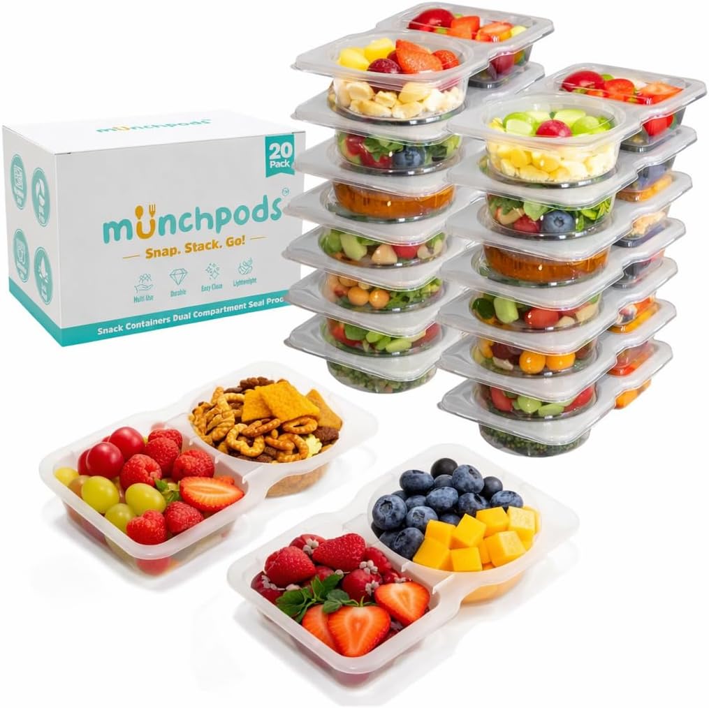 Skiennix Reusable Snack Containers - 20 Pack with Lids | Double Compartment for Kids' On-the-Go Meals