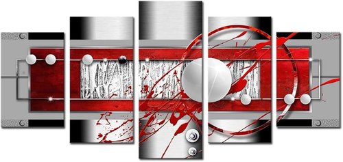 AWLXPHY Abstract Canvas Wall Art - Modern Red, Black & Grey Circle Design | 5-Piece Framed Set (60'' x 30'')