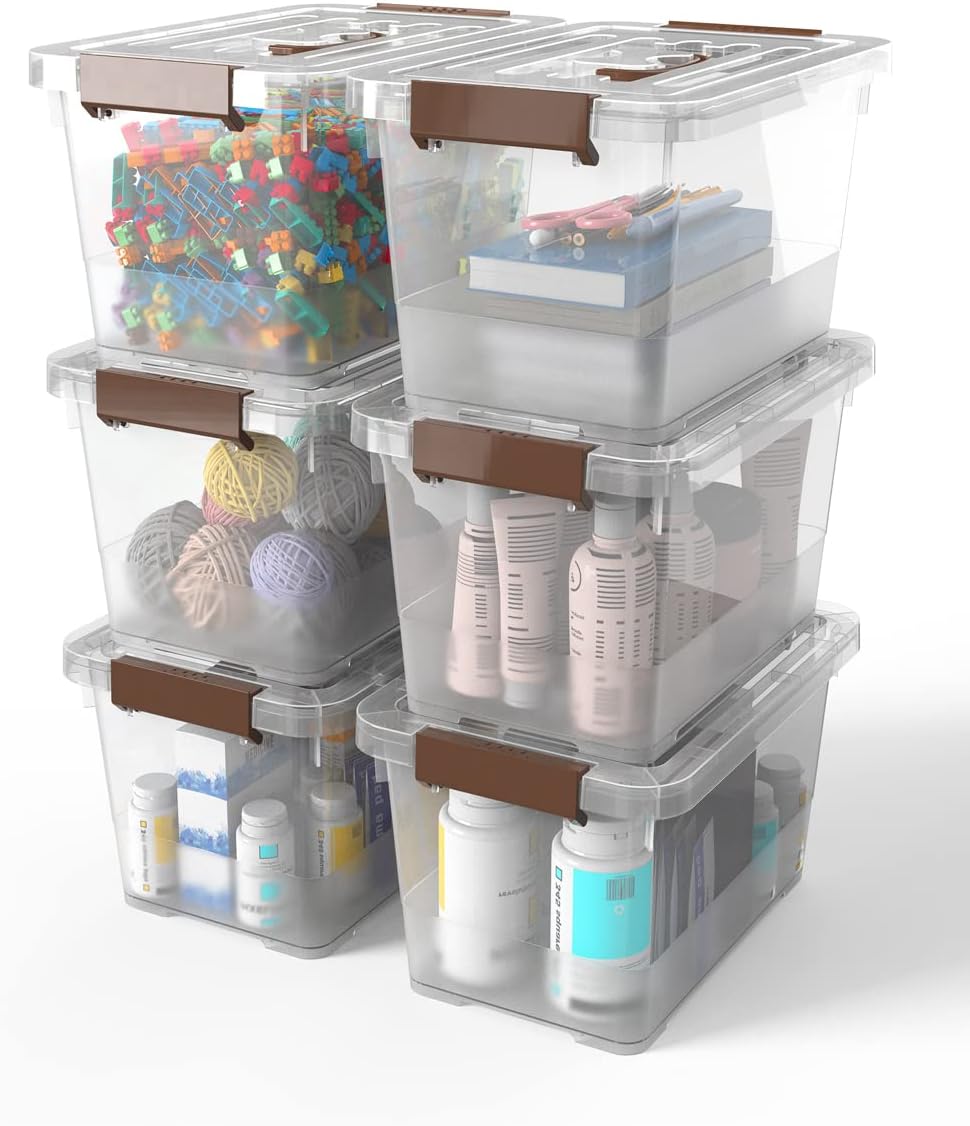 WYT 7 Quart Clear Storage Bins - Stackable Plastic Latch Boxes with Brown Handle | 6-Pack
