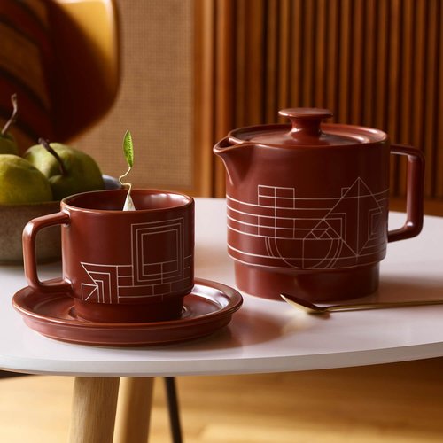 Tea Forte Terra Stoneware Teapot with Infuser and Lid, Frank Lloyd Wright, 20 oz. Sienna Stoneware Pot for Steeping Loose Leaf Tea, Dishwasher & Microwave Safe