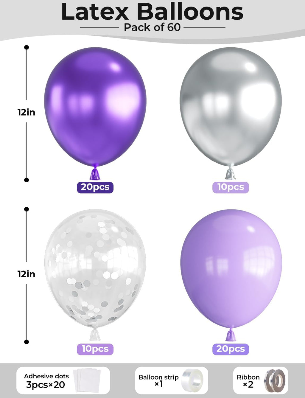 Skiennix 12-Inch Purple and Silver Balloons - 60pcs Pastel Lavender Confetti for Parties & Celebrations