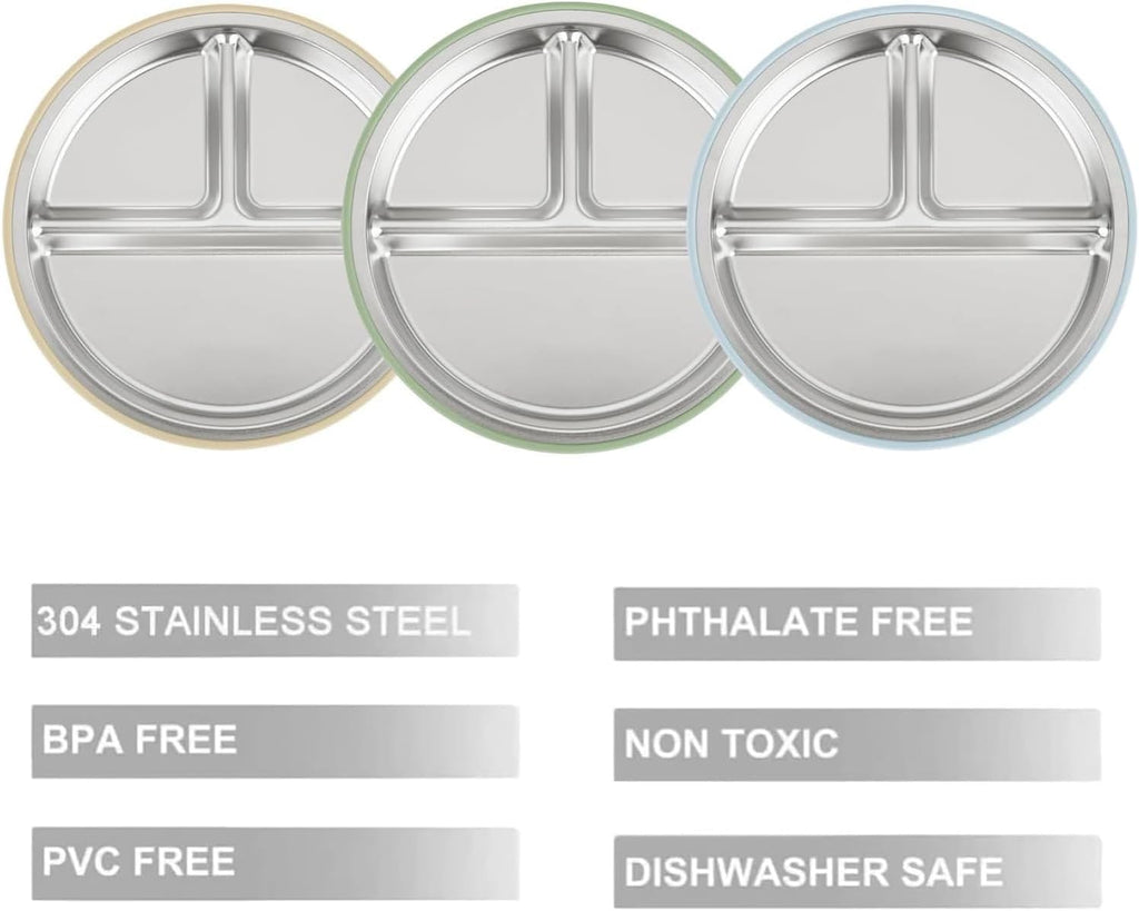 PandaEar Stainless Steel Baby Suction Plates - Non-Slip Divided Toddler Feeding Set | 3 Pack (Blue/Green/Brown)