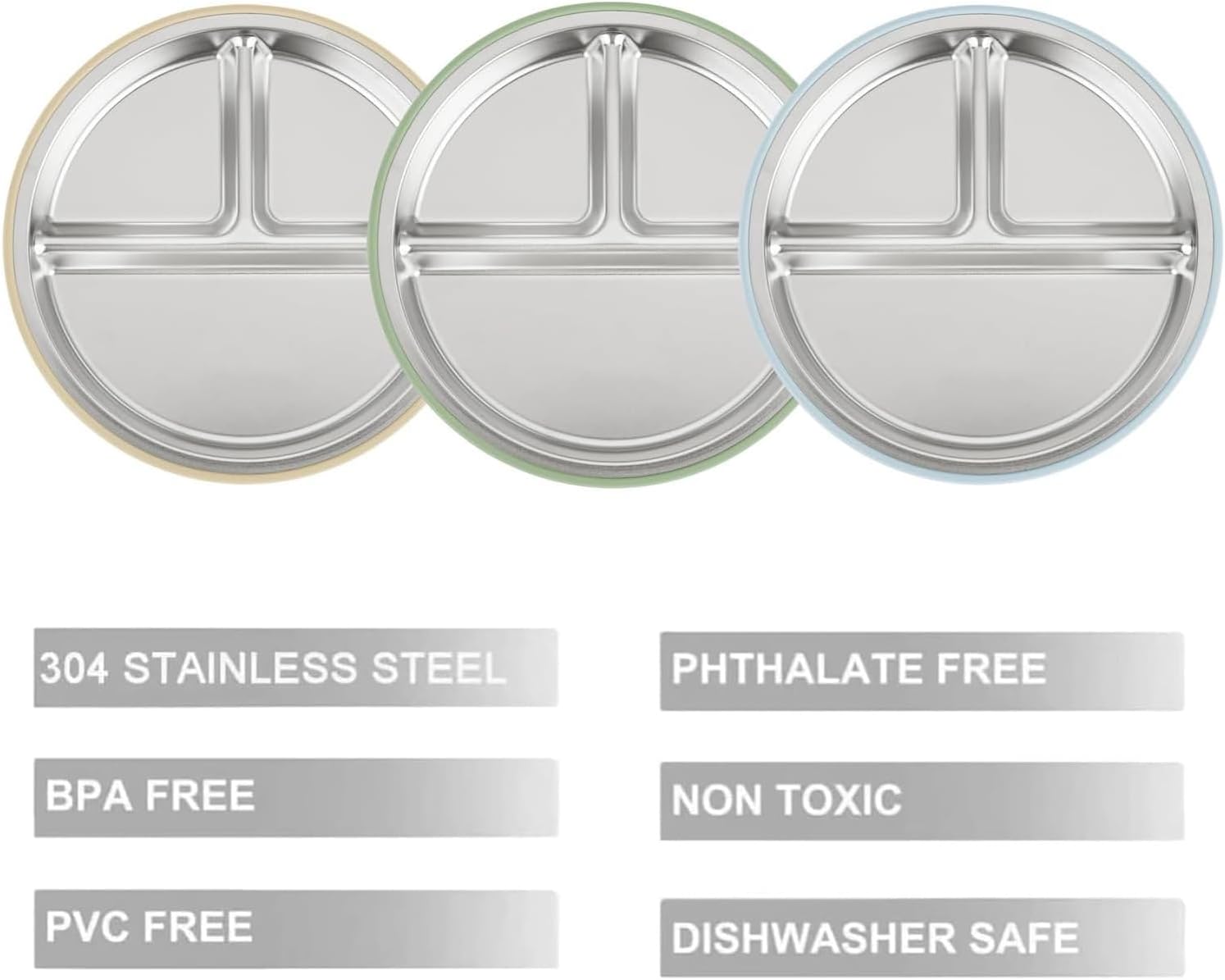 PandaEar Stainless Steel Baby Suction Plates - Non-Slip Divided Toddler Feeding Set | 3 Pack (Blue/Green/Brown)