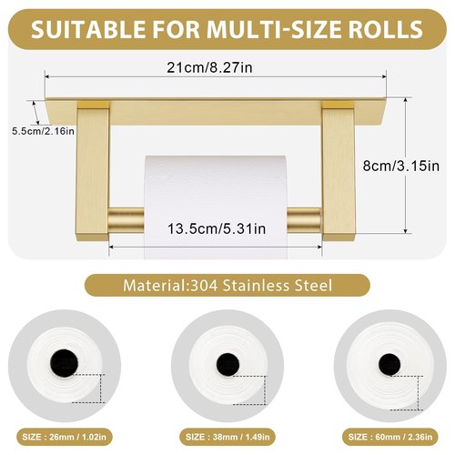 Brushed Gold Self Adhesive Toilet Paper Holder, Stainless Steel Bathroom Toilet Paper Holder Stick On Wall Mount, Commercial Toilet Paper Dispenser Peel and Stick Toilet Paper Holder Adhesive