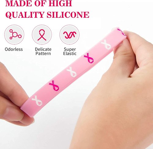 Biubee Breast Cancer Awareness Bracelets - 48Pcs Pink Ribbon Silicone Wristbands for Women Survivor Gifts