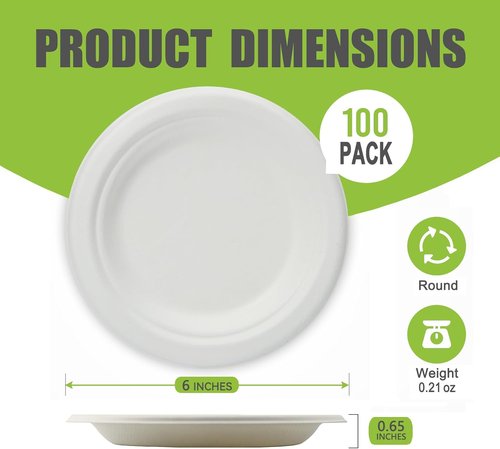Heavy Duty Biodegradable Paper Plates | Skiennix 6-Inch White Disposable Plates - 100 Count, Compostable & Leak-Proof