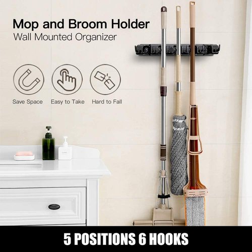 IMILLET Mop and Broom Holder - Wall Mounted Organizer with 5 Ball Slots & 6 Hooks | Black, 2 Pack
