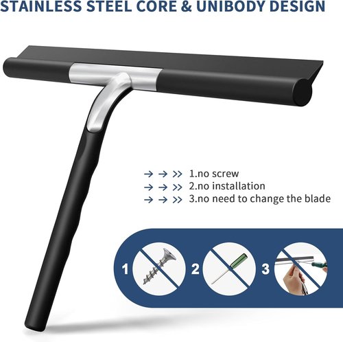 Ecooe Silicone Shower Squeegee - 11" Black Window Scraper with Stainless Steel Core for Home & Car