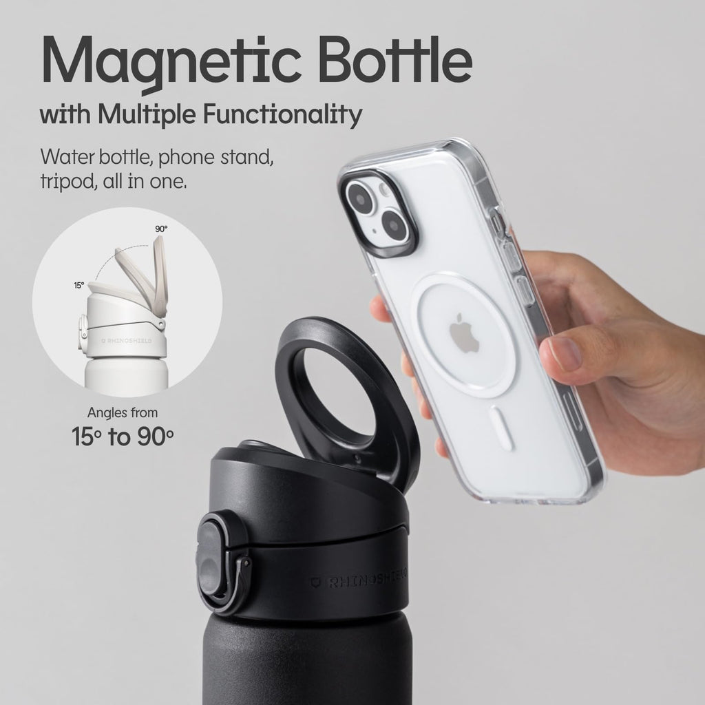 RhinoShield AquaStand Magnetic Bottle 27 OZ | Tritan Water Bottle with Straw Lid, Sport Bottle with MagSafe Compatible Handle, Tripod with Adjustable Angles, Leak Proof, Lightweight - Classic Black