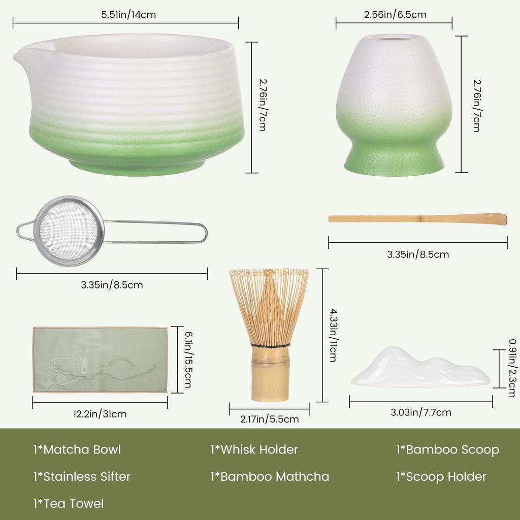 Nardo Visgo Matcha Whisk Set - 7PCS Japanese Tea Set Includes Matcha Bowl with Spout, Bamboo Whisk with Ceramic Holder, Bamboo Scoop, Scoop Stand, Sifter and Tea Towel, Matcha Making kit for Women Men