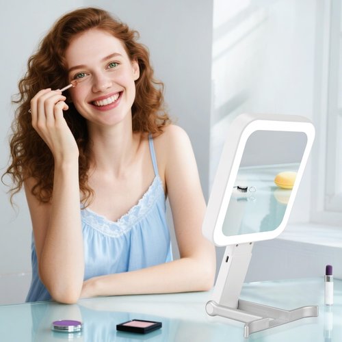 DECLUTTR Travel Makeup Mirror with Lights, Rechargeable 1X/15X Magnifying with Light Double Sided，Portable Handheld Mirror with 3 Color Light Dimmable, Tabletop,Hanging,White