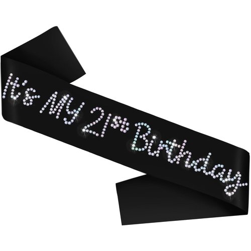 It's My 21st Birthday Sash, Black Satin Birthday Sash with Glitter Rhinestones Decorations for Girls or Women, Finally 21 Bday Sashes, Ideal Twenty One Gifts, Happy 21 Bday Party Decorations