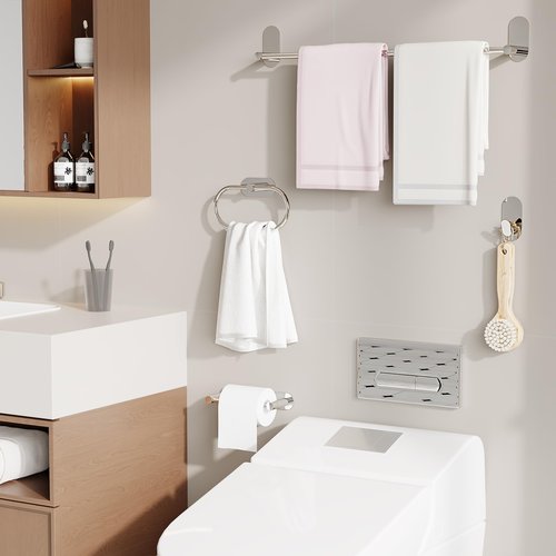 WZRUA Adhesive Towel Holder for Bathroom Polished Chrome No Drill Hand Towel Ring Stainless Steel and Zinc Alloy Self Adhesive Towel Hanger for Bath, Kitchen
