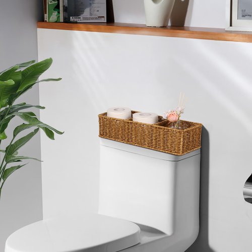 Wicker Toilet Paper Basket: 3 Water-resistant Compartments Organizer - Extra-Large Storage for Bulk Rolls & Toiletries (Farmhouse & Scandinavian, Tan)