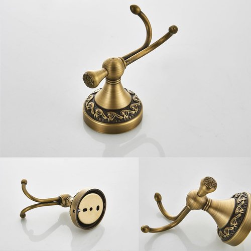 Flybath Wall Hook Antique Brass Exquisite Pattern Carving Double Hook Design Coat Towel Hooks for Bathroom Kitchen Organizer Wall Mounted, Brushed Bronze