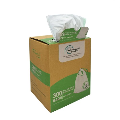 TYPLASTICS 300 Count 13 Gallon Tall Kitchen Drawstring Trash Bags, GRS Compliant, Eco-Friendly Recycled Material