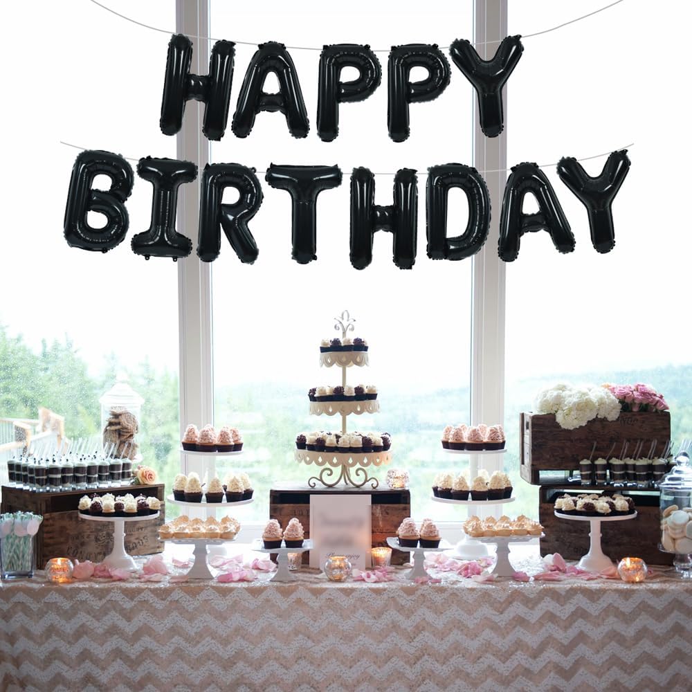 TONIFUL Black Happy Birthday Balloons Banner - 16 Inch Mylar Foil Letters for 30th, 40th, 50th, 60th Celebrations | Reusable Party Decor