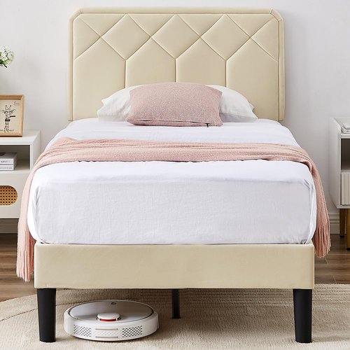 VECELO Twin Size Bed Frame Premium Velvet Upholstered Platform with Height Adjustable Headboard/Mattress Foundation, Solid Wooden Slat Support, No Box Spring Needed/Easy Assembly