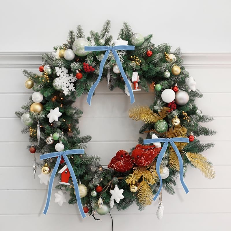 SIMISI Ribbon - 24Pcs Light Blue Velvet Christmas Bows - Vintage Decor for Tree & Wreath (3/8'' Width)