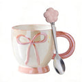 VABILNIY]Ceramic Coffee Mug with Bow Design, 13.5 fl oz Cute Coffee Cup with Spoon, Pink Tea Cup for Hot & Cold Drinks, Gift for Women, Family and Friends