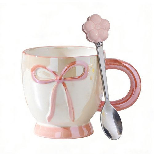 VABILNIY]Ceramic Coffee Mug with Bow Design, 13.5 fl oz Cute Coffee Cup with Spoon, Pink Tea Cup for Hot & Cold Drinks, Gift for Women, Family and Friends