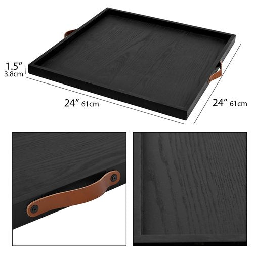 SwallowLiving 24 x 24 Inches Extra Large Square Wood Ottoman Tray with Leather Handles, Wooden Natural