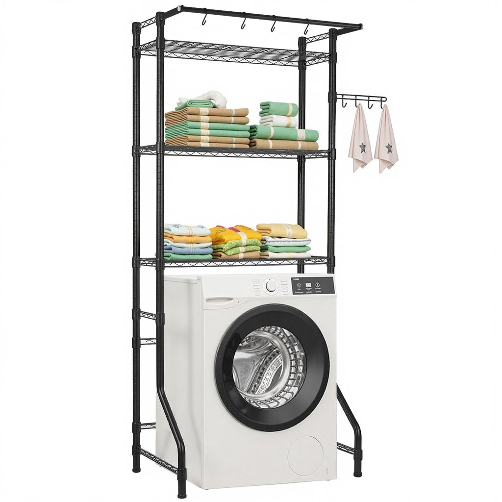 VEVOR Over The Washer and Dryer Storage Shelf, 3 Tier Laundry Room Drying Rack with Hanger Rod and Hooks, Adjustable Over Washer and Dryer Shelves, Laundry Room Shelf Storage Space Saver, Black
