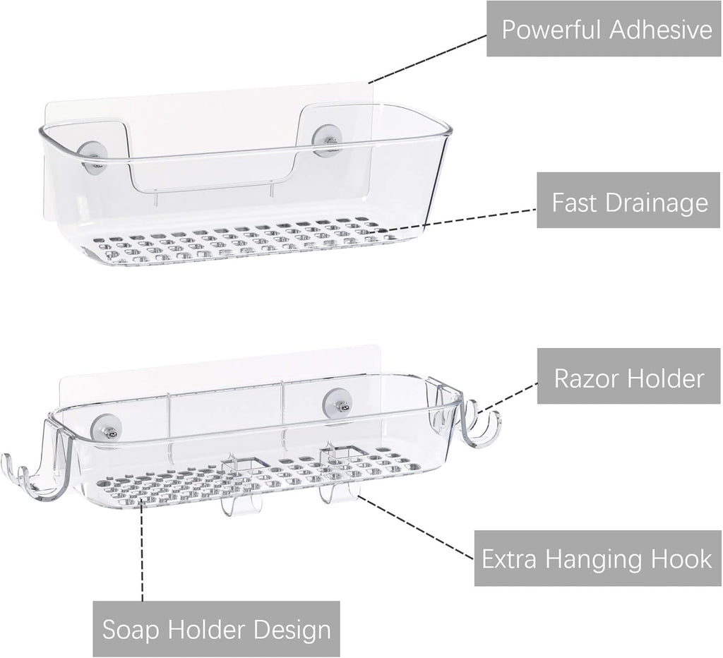 TZAMLI Clear Shower Caddy - Rustproof Wall-Mounted Organizer with Razor Holder & Hook | 2 Pack