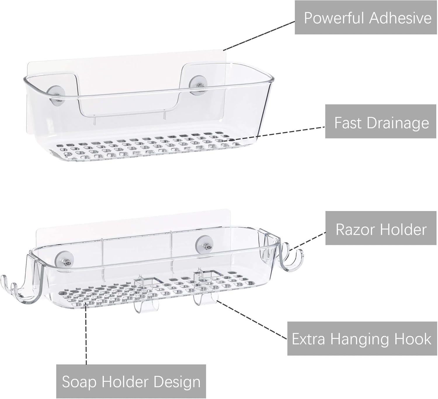 TZAMLI Clear Shower Caddy - Rustproof Wall-Mounted Organizer with Razor Holder & Hook | 2 Pack