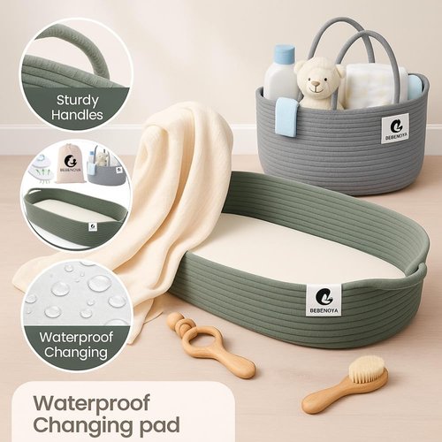 BEBENOVA Baby Changing Basket with Waterproof Pad, Baby Diaper Caddy Organizer, Blanket & Cotton Bag, Portable Changing Table Topper, Baby Changing Mat, Moses Baskets for Newborn (Grey)