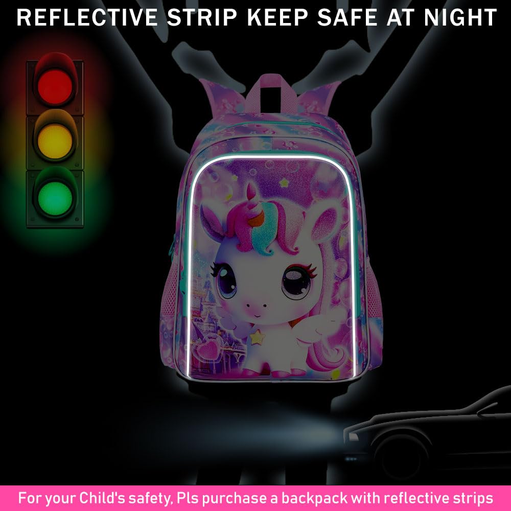 KLFVB 3PCS Unicorn Backpack, Water Resistant Kids Bookbag with Lunch Box for Girls, 16" Preschool Backpacks for Elementary - Small Unicorn
