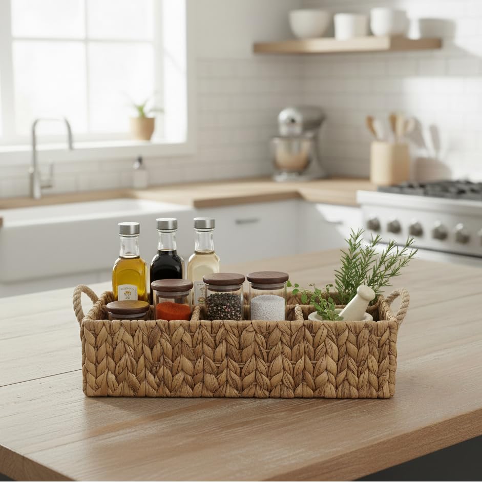 VILSSOVY Storage Basket with Handles, Water Hyacinth Storage Baskets, Wicker Diaper Caddy, Basket with dividers, Countertop Organizer for Bathroom, Living Room, Home(15.75*11.03*5.52 inches)