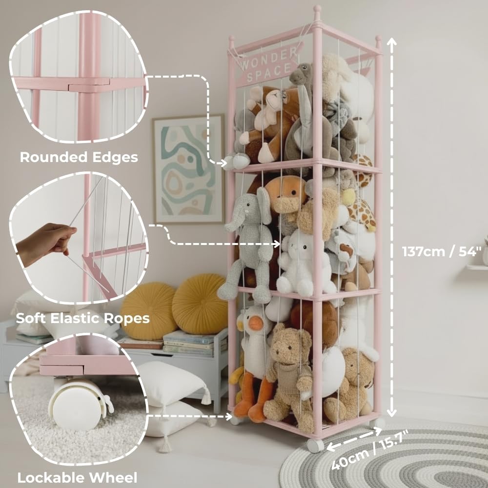Wooden Stuffed Animal Storage Rack with Wheels, Wonder Space 54" Tall Toy Organizer for Kids Room, Water-Based Paint Finish, Safe & Eco-Friendly Plush Holder Shelf for Toddlers & Babies (Pink)