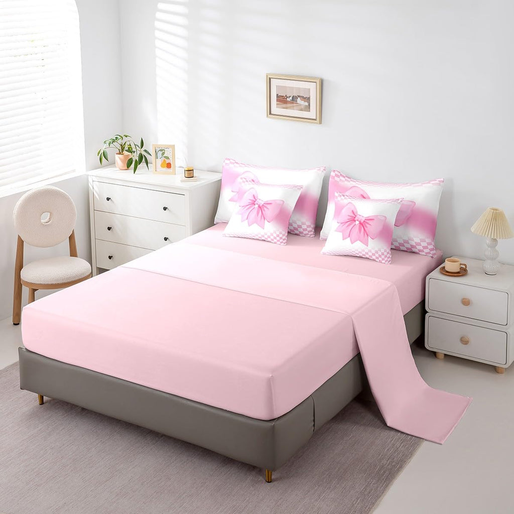 Erosebridal Pink Bow Comforter Set 7 Piece Bed in A Bag Twin,Princess Bowknot Coquette Bedding Sets White and Pink Plaid Bows Comforter and Sheets for Cute Girls Women Dreamy Kawaii Room Decor