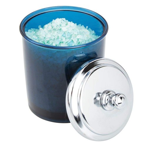 mDesign Bathroom Vanity Storage Organizer Apothecary Canister Jar for Cotton Balls, Swabs, Makeup Sponges, Bath Salts, Hair Ties, Jewelry - Dark Blue/Chrome Lid