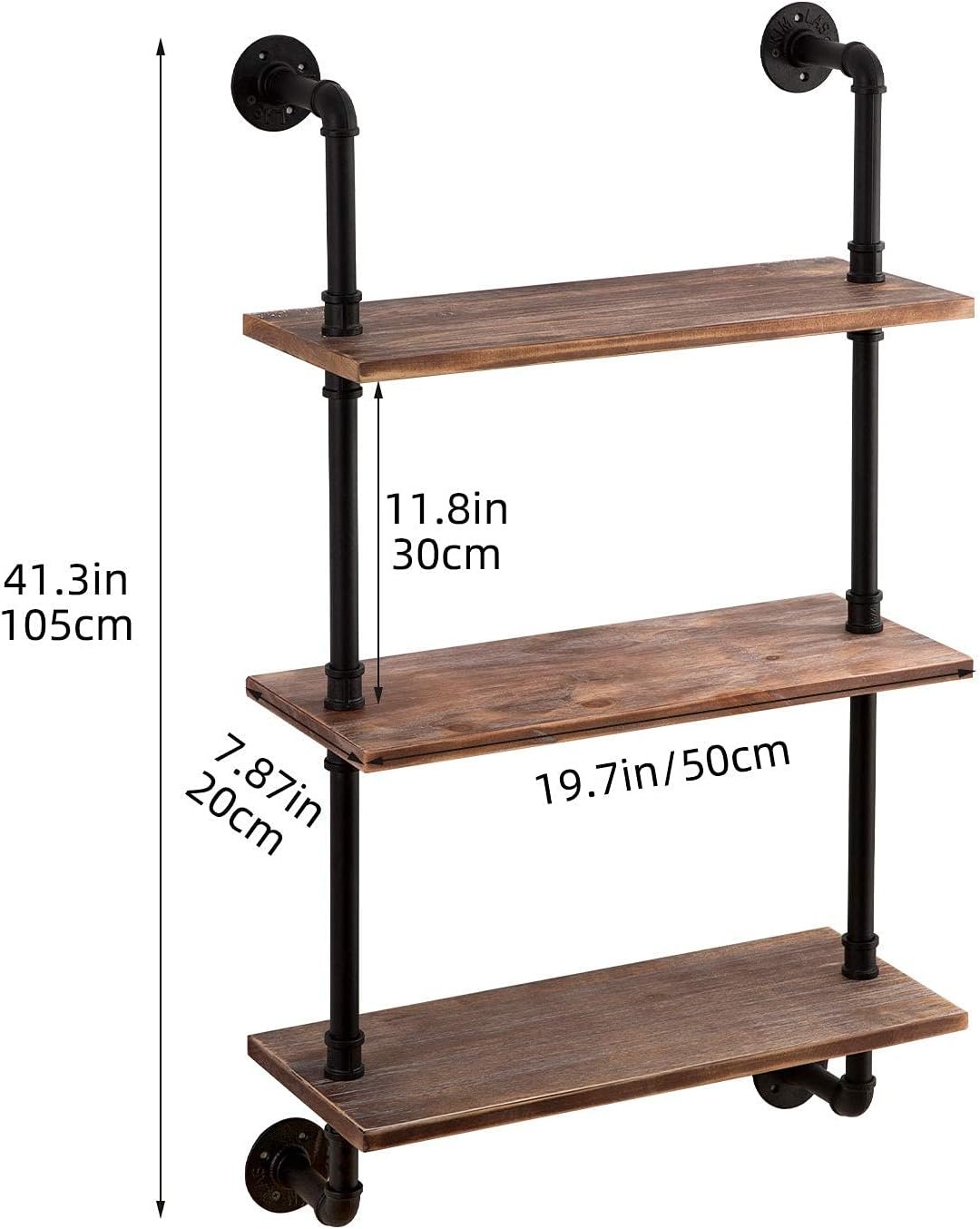 ROGMARS 3-Tier Floating Shelf - Real Pine Wood, Industrial Retro Style | 20x7.87x41.3in for Bathroom & Kitchen