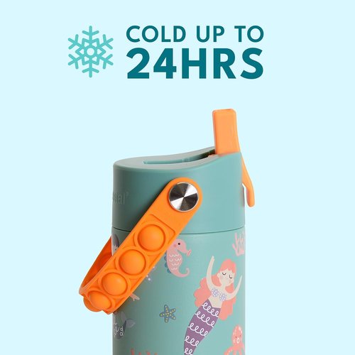 Elemental Insulated Kids Water Bottle - 18oz Stainless Steel with Straw Lid & Pop-It Handle | Leak-Proof for School & Sports - Mermaid Sisters