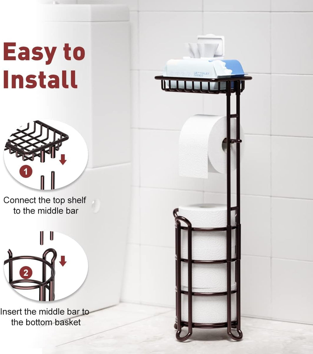 Regine Switzerland Toilet Paper Holder Stand - Stylish Tissue Roll Dispenser with Shelf | Bronze Finish