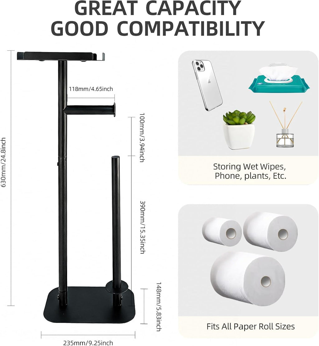 Skiennix Free Standing Toilet Paper Holder - Rustproof Metal Stand with Anti-Slip Base & Top Shelf | Black