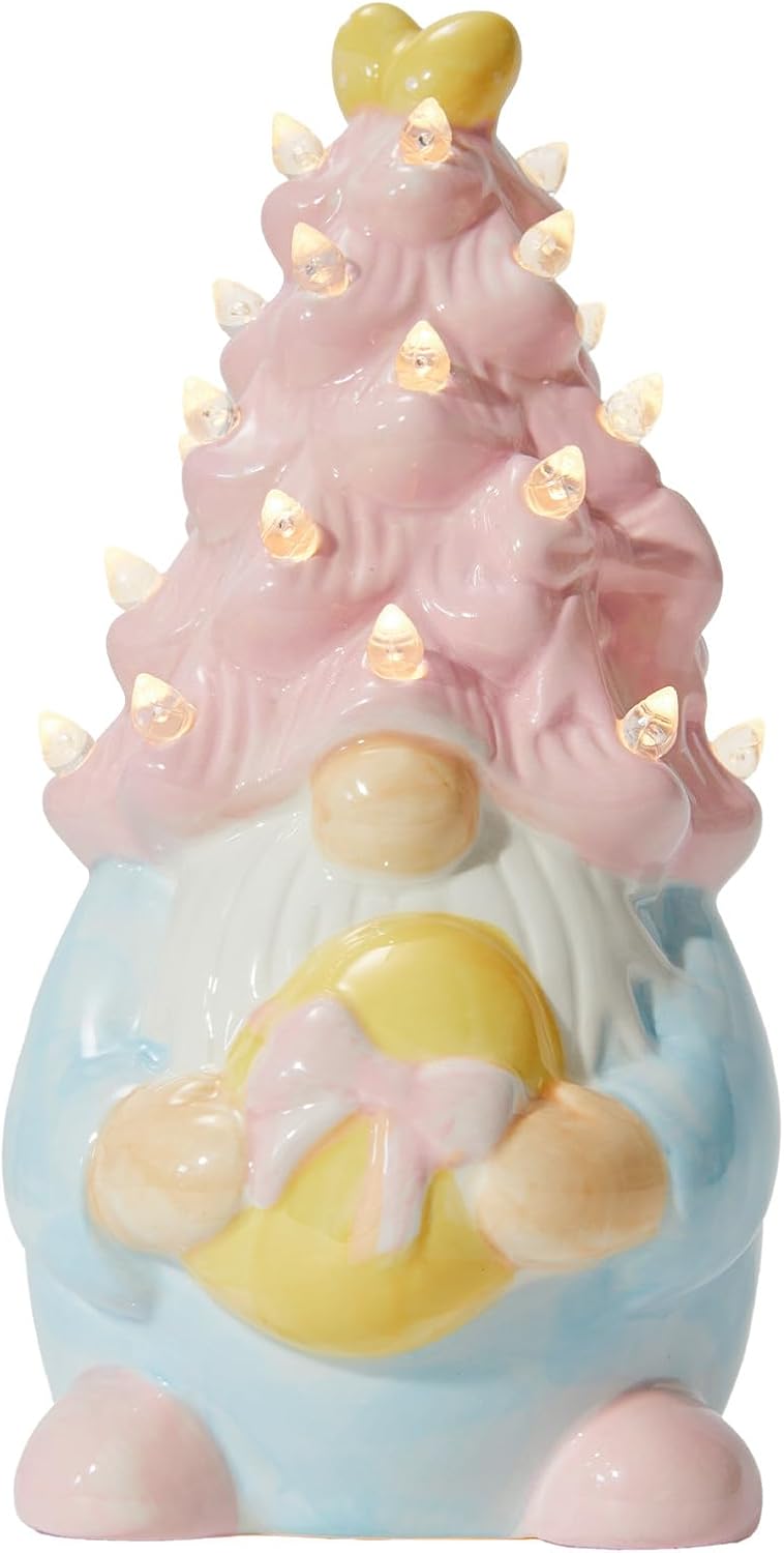 WDS Wondrous Lighted Gnome Figurine - Ceramic LED Easter Decor with Pink Hair & Egg | Spring Table Centerpiece