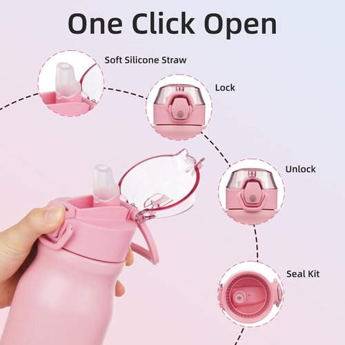BJPKPK 25oz Insulated Water Bottle - Reusable Stainless Steel Flask with Straw & Leak-Proof Lid | Light Pink